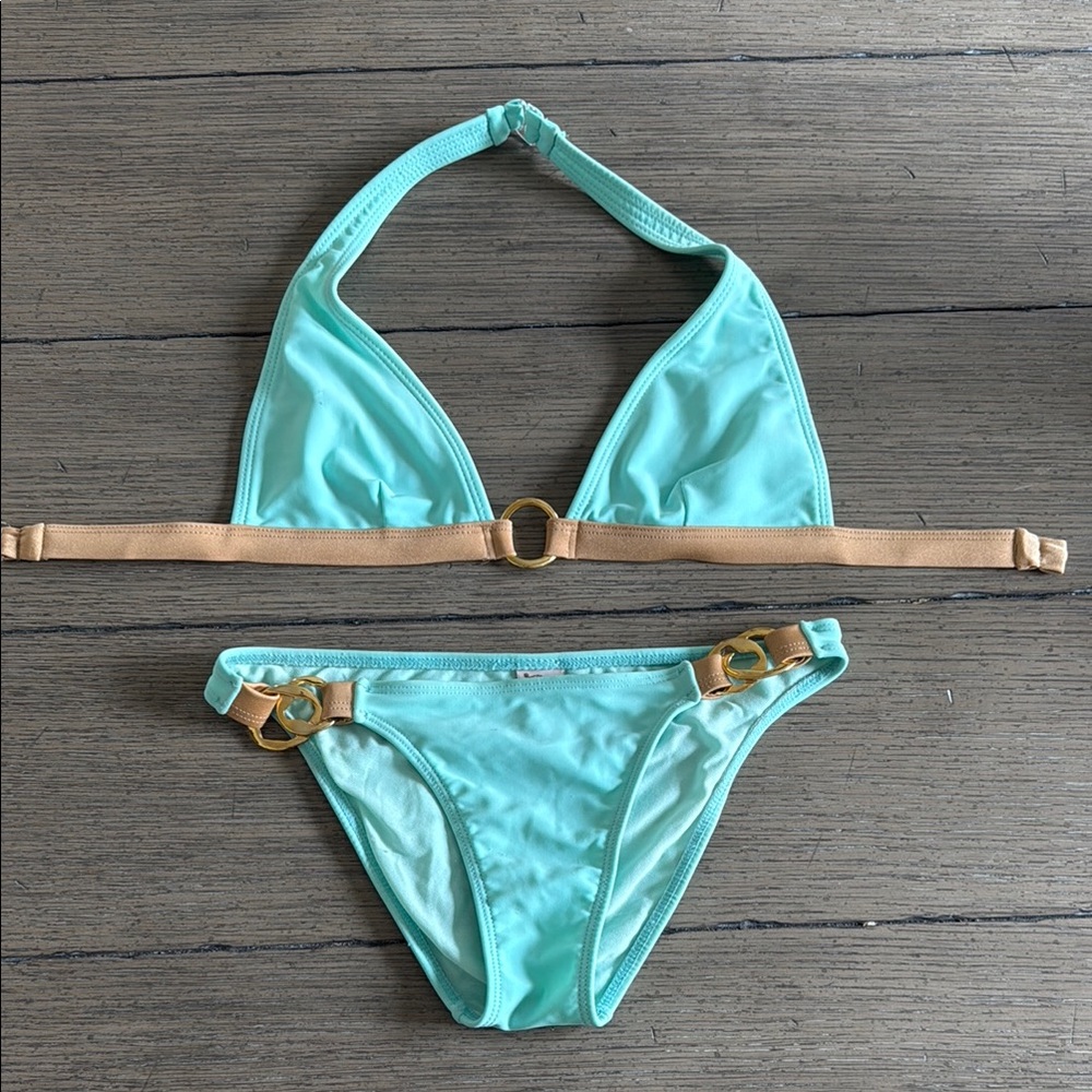 Luli Fama Blue Tan Bikini Set with Halter Top